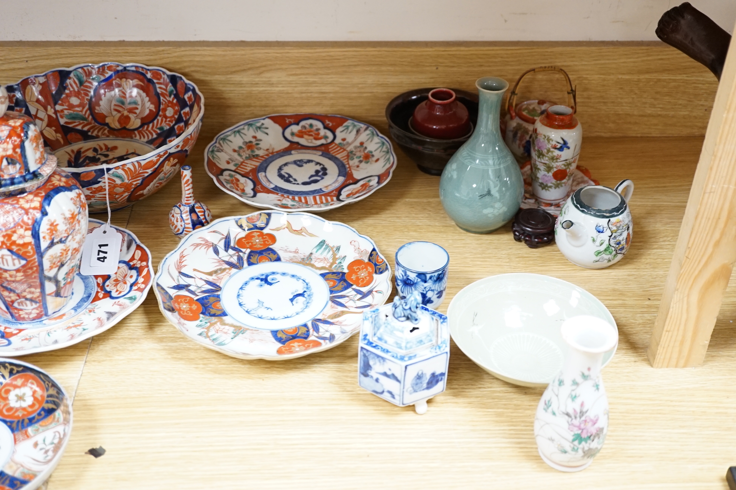 A group of Japanese Imari and other Japanese and Korean ceramics, tallest Imari vase and cover